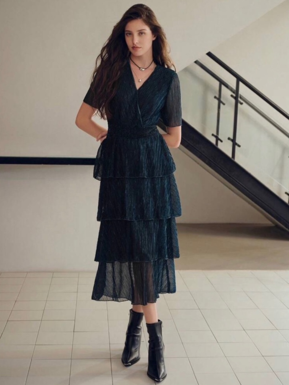NWT - MOTF - Surplice - Layered Ruffle - Shimmering Plisse - Midi Dress - XS